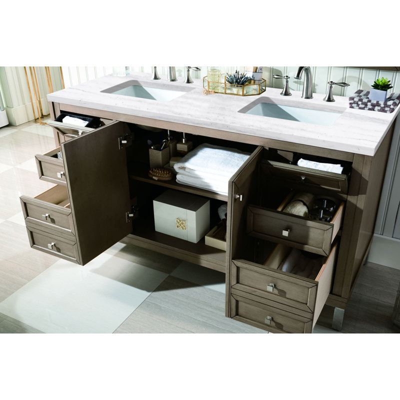 Chicago 60'' W Double Vanity, Charcoal Soapstone, 8" Widespread, Walnut Whisper