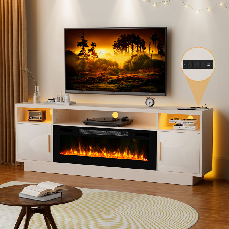 Remona TV Stand with Fireplace Included, White