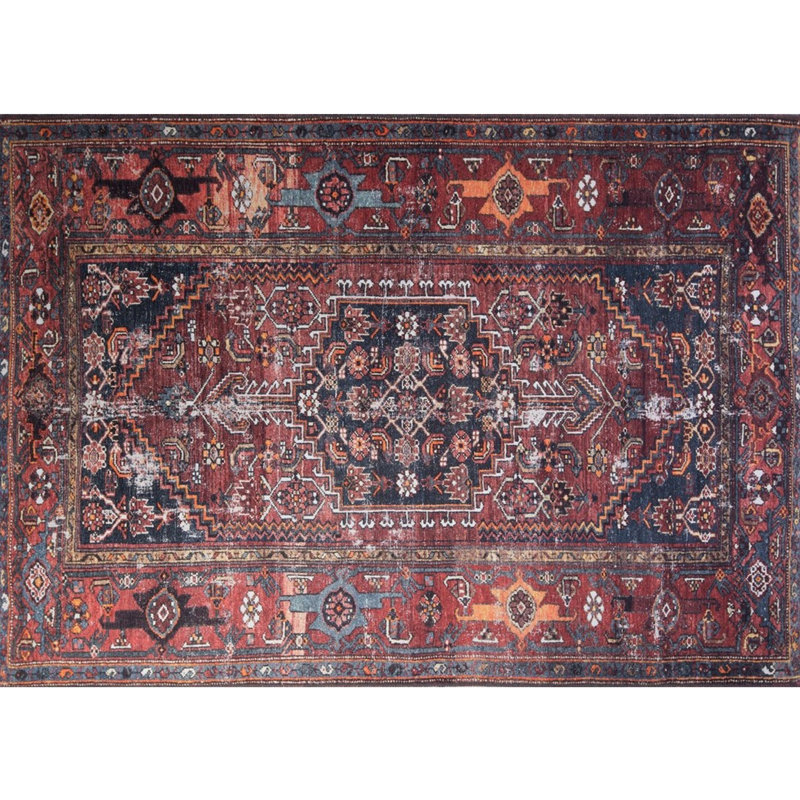 Tapis oriental en polyester tissé à la main Cuellar en bleu / noir / rouge, Rectangle 4 pi 11 po x 7 pi 7 po
