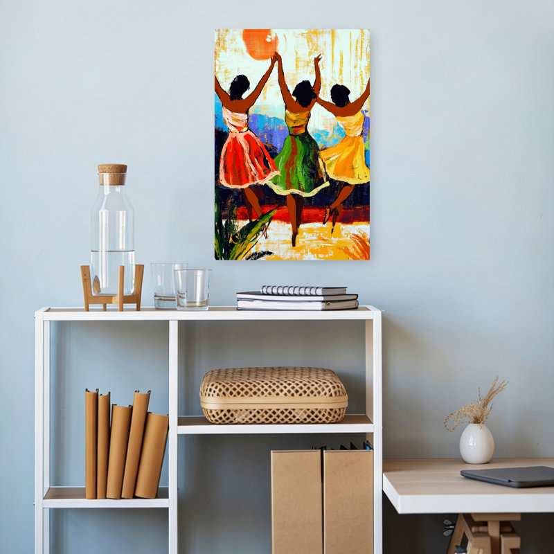 «Joyful Dancing Women», art abstrait coloré et coloré, paysage d'été, 18" H x 12" W