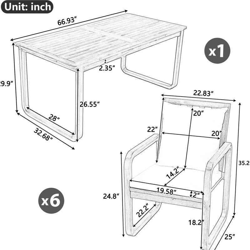 Ensemble de salle à manger d'extérieur brun 7 pièces, structure en bois massif, coussins d'eau, design unique, idéal pour les réceptions dans le jardin, accoudoirs amovibles et design moderne, parfait pour les événements sociaux.