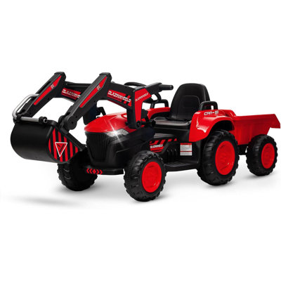 12V Kids Ride-On Excavator Tractor, Electric Vehicles w/Detachable Trailer, Remote Control, LED Lights, Music