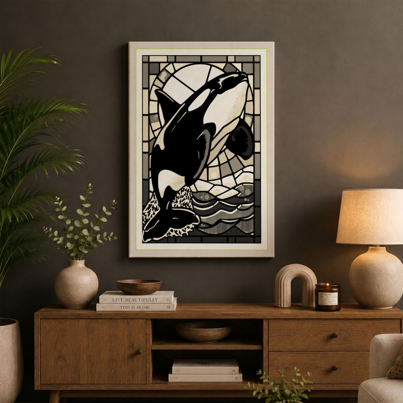 Breaching Orca Coastal - Wrapped Canvas, 36x24 - 91.4 x 61.0 cm, Terracotta Border