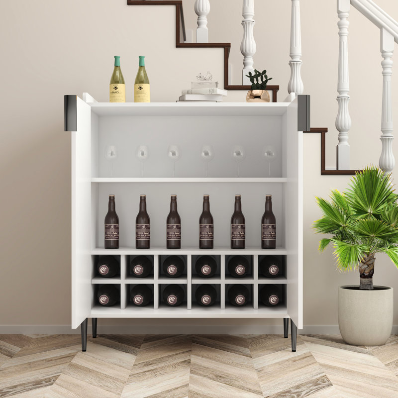 Bar à vin de salon avec support, charnières à fermeture douce et comptoir spacieux, tablette ajustable blanche à 2 portes, dispositif de basculement,