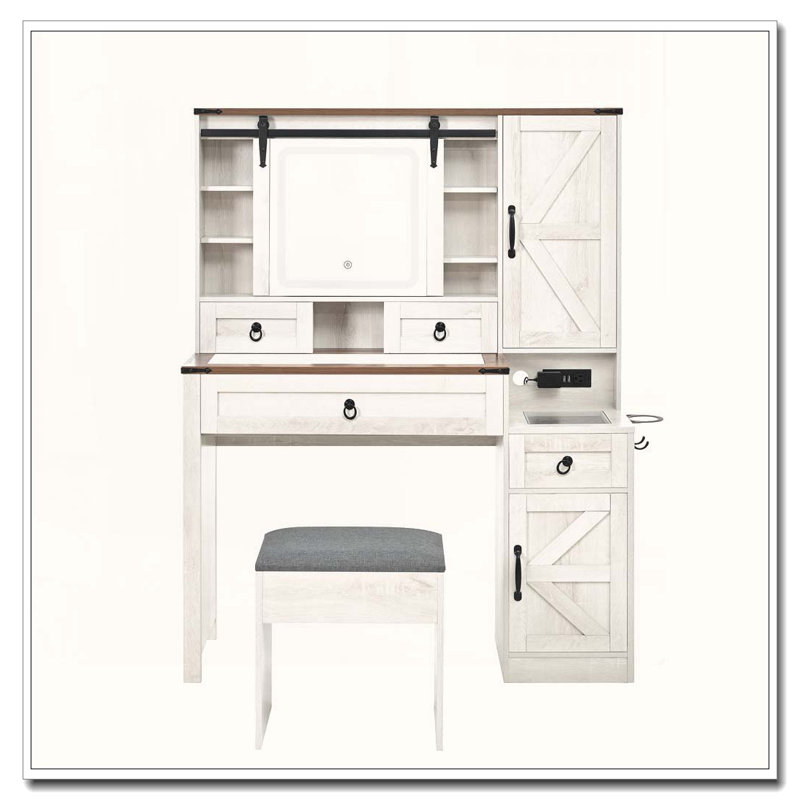 Farmhouse Vanity Desk with Sliding LED Mirror and Charging Station, Brown/White