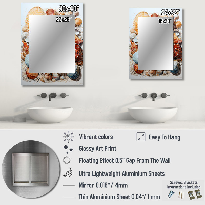 Beach Photo Seashell Beauty III - Coastal Large Mirror, Coral Decorative Wall Mirror, Printed Metal Art, 32" x 24"