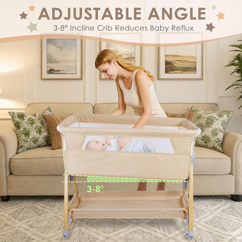 Baby Bassinet And Bedside Sleeper For Baby , 7 Height Adjustable Bedside Bassinet With Wheels, Khaki