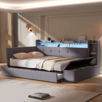 Twin Size Upholstered Daybed with Trundle, Storage Footstool, Shelves, USB Charging & LED Light, Grey