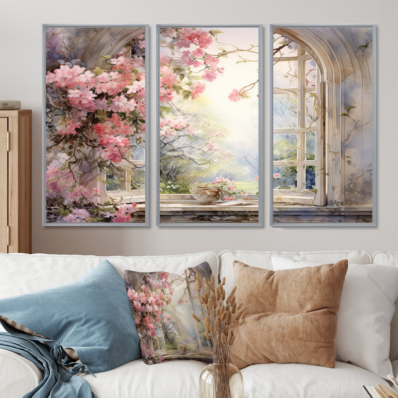 «Pink Blossoming Country Window Gaze I», art mural floral, H 32 po x l 48 po x P 1 po, Encadrement argenté