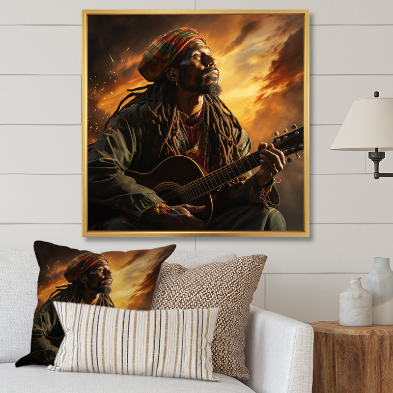 «Rasta Reggae Man Paying Guitare» sur toile, H 36 po x l 36 po x P 1,5 po, Cadre flottant doré