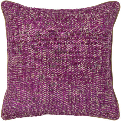 Jute & Wool Blend Removable Cover Pillow Throw Authentic Handmade Square Polyester Fill Purple & Khaki Non-Reversible Textured Weave With Khaki Brown Cotton Backing
