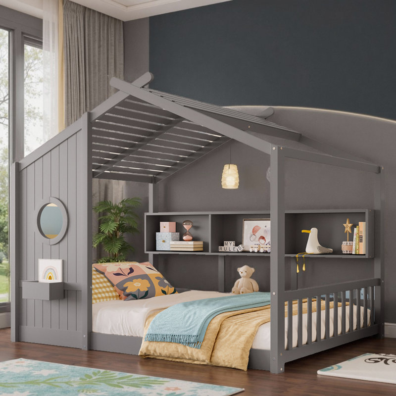 Montessori Safety Design Floor House Bed with Storage Shelf for Toddler, Kids, Gray, Twin