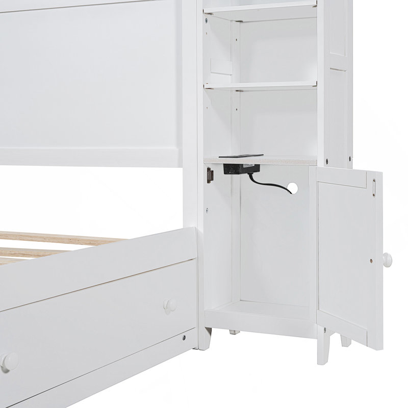 Grand lit en bois avec rangement tout-en-un, tablettes et prises intégrées pour une commodité et une organisation modernes