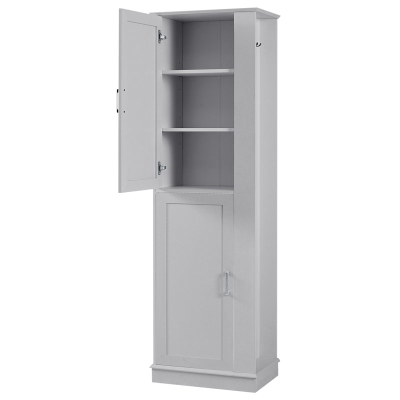 Grande armoire de rangement de salle de bain grise haute, tour à linge autoportante de 68 pouces avec tablettes réglables et crochet utilitaire