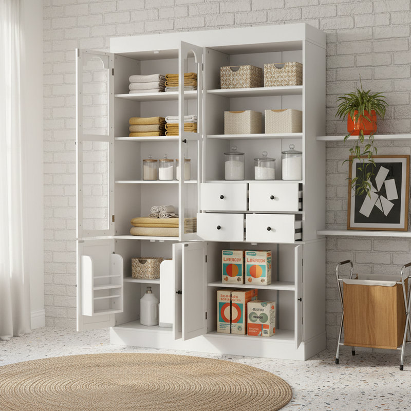 47.2" Freestanding Garage Storage Cabinet with Hutch, Glass Doors, 4 Drawers, Door Shelves & Pull-Out Trays – 75" Tall Utility Organizer