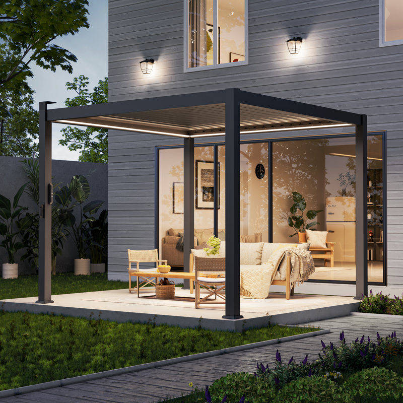 Pergola en aluminium à persiennes de patio avec DEL solaire, Gris foncé, 10 pi. x 10 pi	