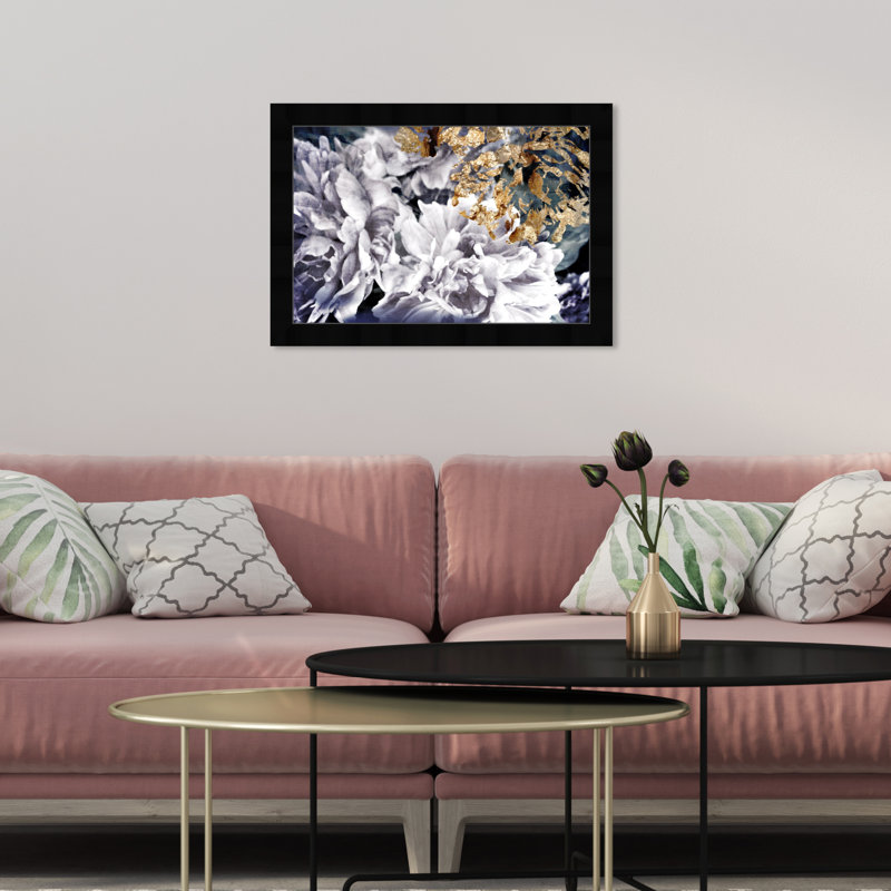 Fleur de gardénia blanche en or - Peinture contemporaine pour chambre à coucher, H 18 po x l 26 po, Cadre noir