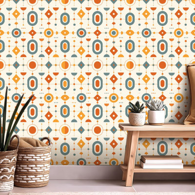 Papier peint autocollant Mid-Century à motif géométrique rétro bleu sarcelle noir avec formes autocollantes et amovibles 24 po x 118 po (60 x 300 cm)