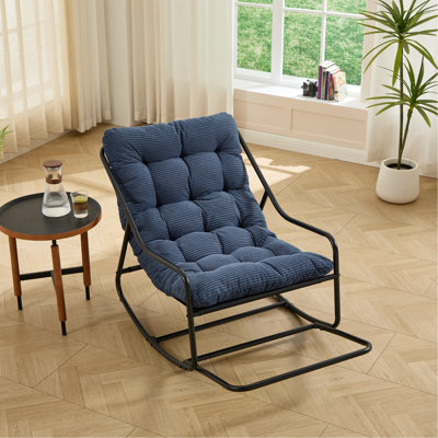 Chaise berçante d'extérieur, coussin confortable, avec coussin épais et doux, pour le salon, la chambre à coucher, la salle de lecture, structure noire avec coussin bleu marine