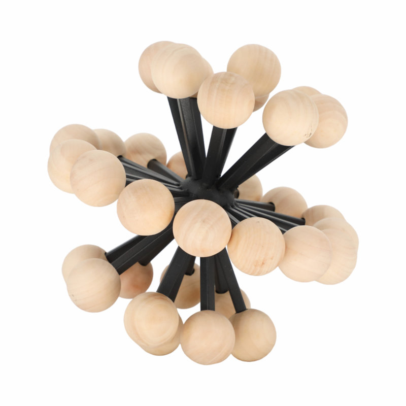 Sculpture décorative en forme d'orbe avec des sphères de sapin en bois et des rayons métalliques en fer - Sphère décorative moderne avec un motif géométrique d'inspiration atomique
