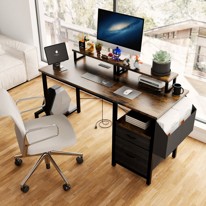 Bureau d'ordinateur avec tiroir et prises de courant, bureau avec 2 supports pour écran, table de jeu avec tablettes