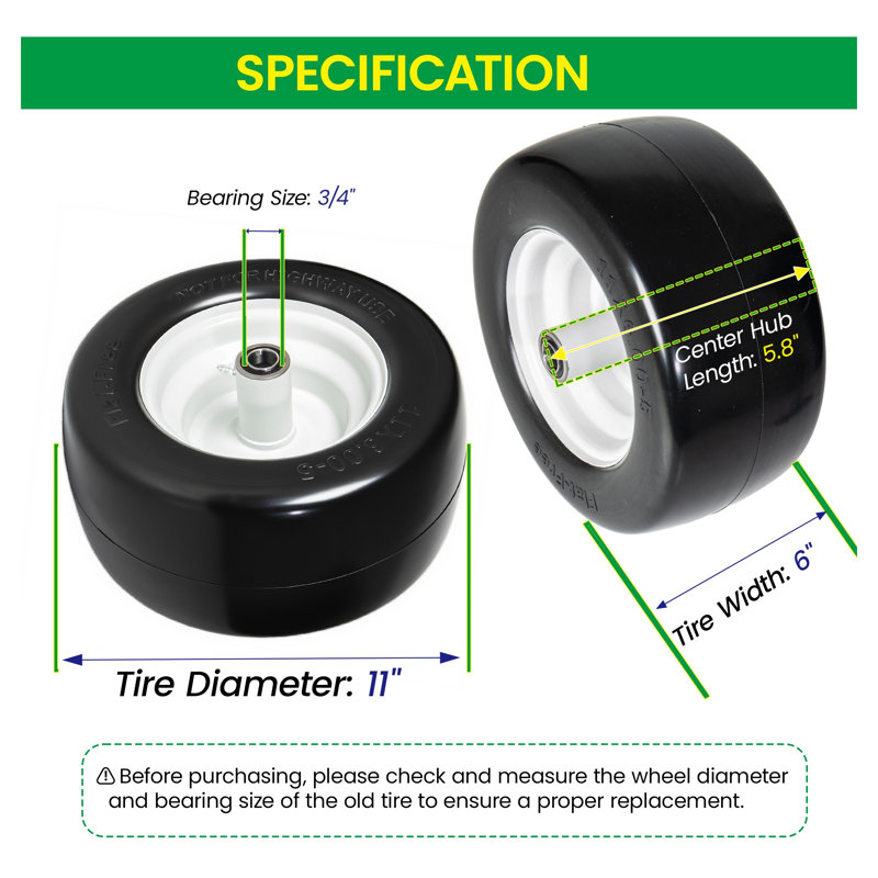 Set of 2 11x6.00-5 Solid Rubber Riding Lawn Mower Tires with Rim, 3/4 Inch Bearing Zero Turn Mower Wheels, Flat-Free Smooth Tread Tire Assembly