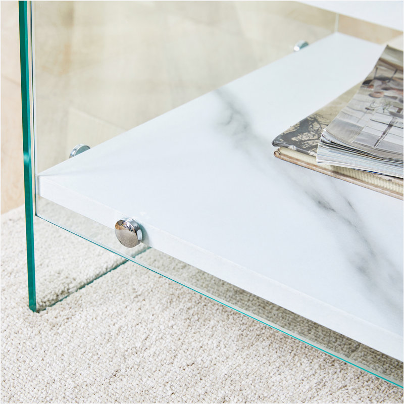 Bedside table with drawers. The board surface is MDF with white grain sticker, and both sides are transparent tempered glass. The design is simple and elegant, with excellent storage functions.