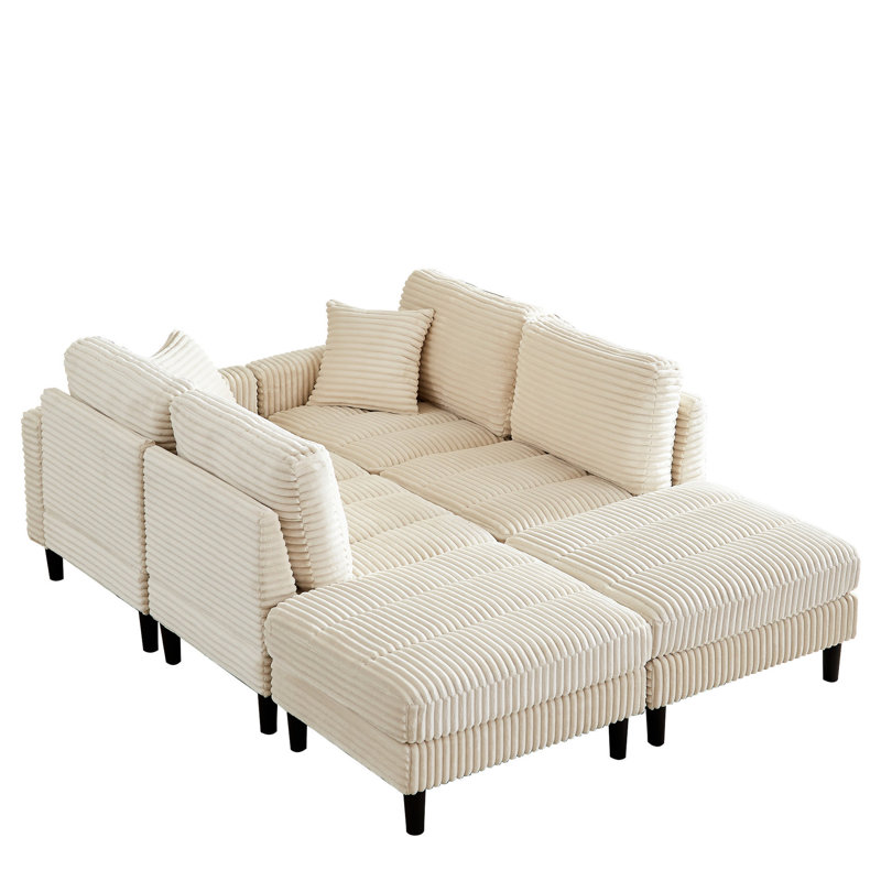 Tissu en velours côtelé avec coussins, 2 repose-pieds pour le salon, canapé modulaire en forme de U beige et pieds de canapé de chambre surdimensionnés de 122,5 pouces