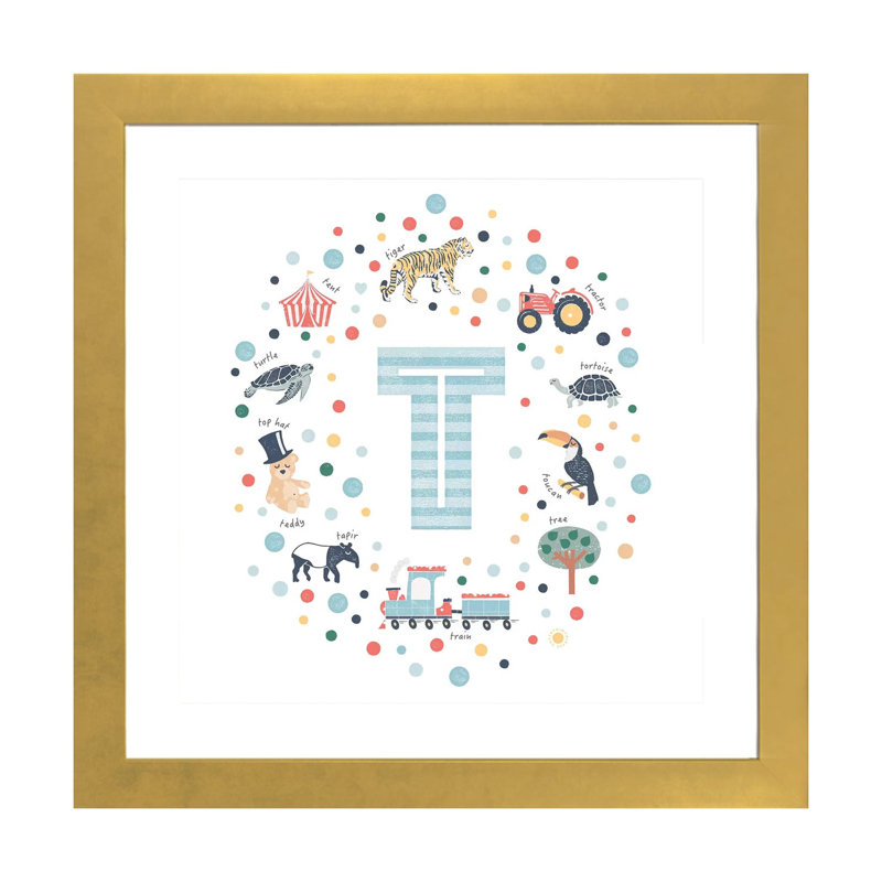 Lettre T - impression d'art graphique, H 16 po x l 16 po x p 1 po, Papier encadré doré, Blanc