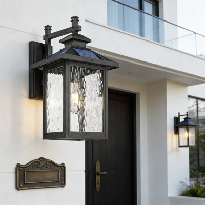 Modern Solar Outdoor Wall Light With Remote Control, Dimmable Brightness & Timer, Dusk-To-Dawn Sensor, Weather-Resistant Aluminum And Glass Design For Porch, Patio, And Entryway