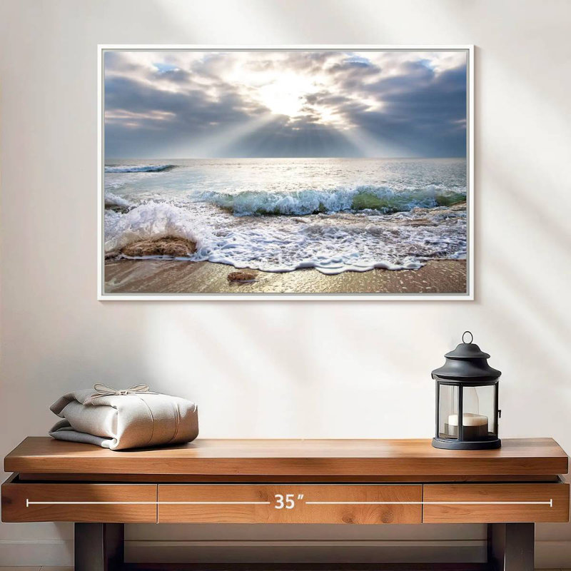 Océan au lever du soleil, Cadre flottant blanc, 25 po x 17 po