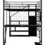 Lit mezzanine double en métal noir avec poste de travail intégré, garde-robe de rangement et escalier sécuritaire