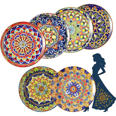8.7-inch Bohemian Ceramic Plate Colored Ceramic Plate Set, suitable for holding desserts, appetizers, and salads - microwave heating, dishwasher - perfect for parties, daily meals, and gift occasions 6-piece set