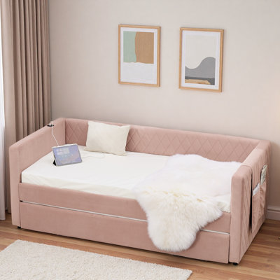 Diamond Grid Velvet Daybed With Usb Charging, Side Pocket And Trundle