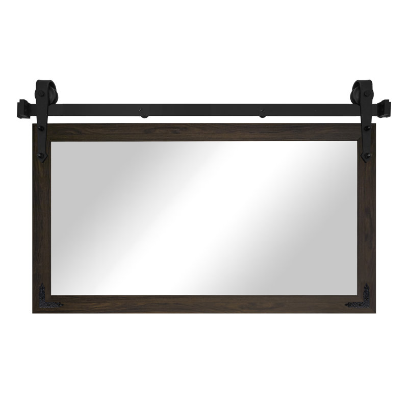 Miroir rustique moderne avec rail de porte de grange en acier et supports de coin décoratifs en métal, 18x33, Noir noyer