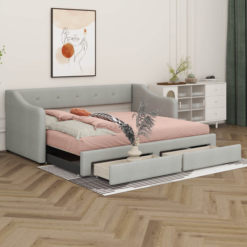 Lit de jour avec couchette coulissante et 2 tiroirs, lit rembourré extensible avec support en lattes de bois