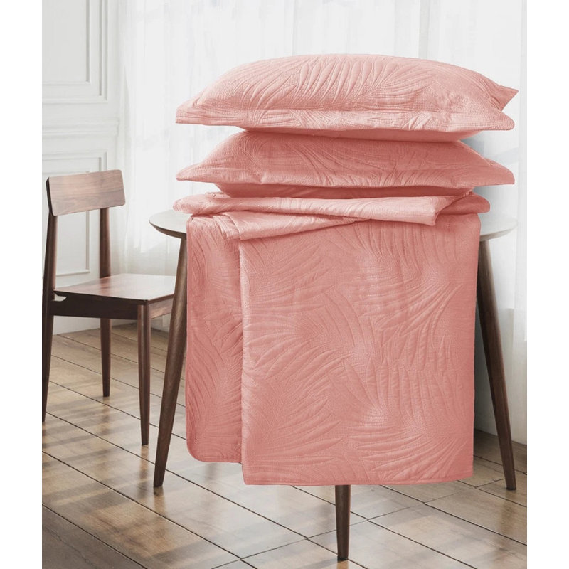 3 Piece Tropical Leaf Bedspreads Set Quilted Bed Throw with Matching Pillow Shams Polyester Material, Pink
