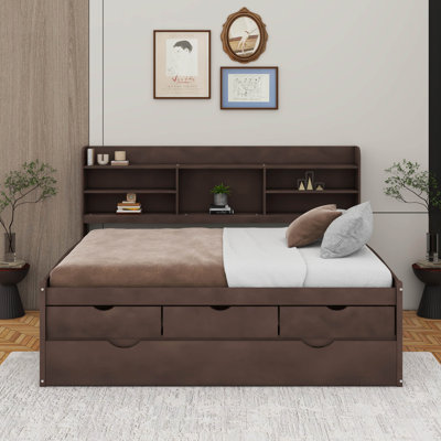 Full Size Wooden Captain Bed With Bookshelves, Drawers And Trundle