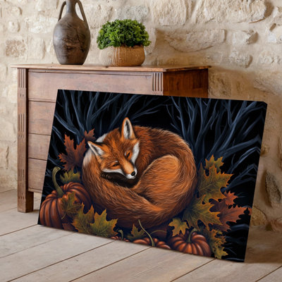 Reproduction d'art sur toile, "Une scène douillette" avec un renard roux recroquevillé au milieu des feuilles d'automne vibrantes dans des tons de jaune orangé