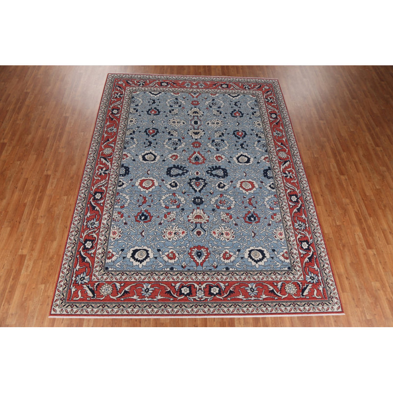 Tapis beige / ivoire / bleu en laine noué à la main de conception unique 9 pi x 11 pi 9 po