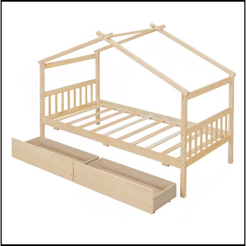 Lit en bois avec tiroirs, Naturel