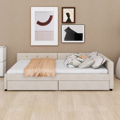 Daybed Upholstered With 2 Drawers And USB, L-Shaped Sofa Bed, Linen Tufted Platform Bed