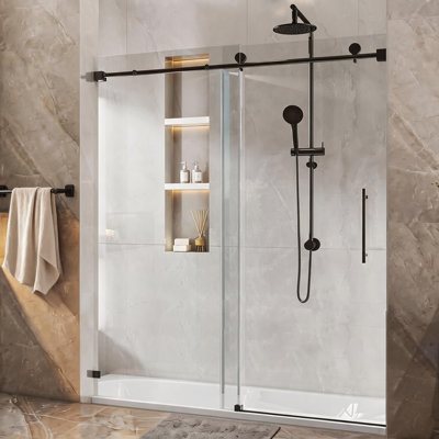 Porte de douche sans cadre noir mat de 54 pouces, une fixe et une mobile, avec grandes poulies en acier inoxydable de 70 mm, fonction de fermeture douce réglable, membrane antidéflagrante et facile à nettoyer grâce à la technologie Nano.