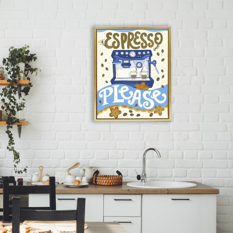 Cadre flottant espresso Veuillez fantaisiste, conçu par Connie Summers, H 21 po x l 17 po, Cadre flottant métallique doré