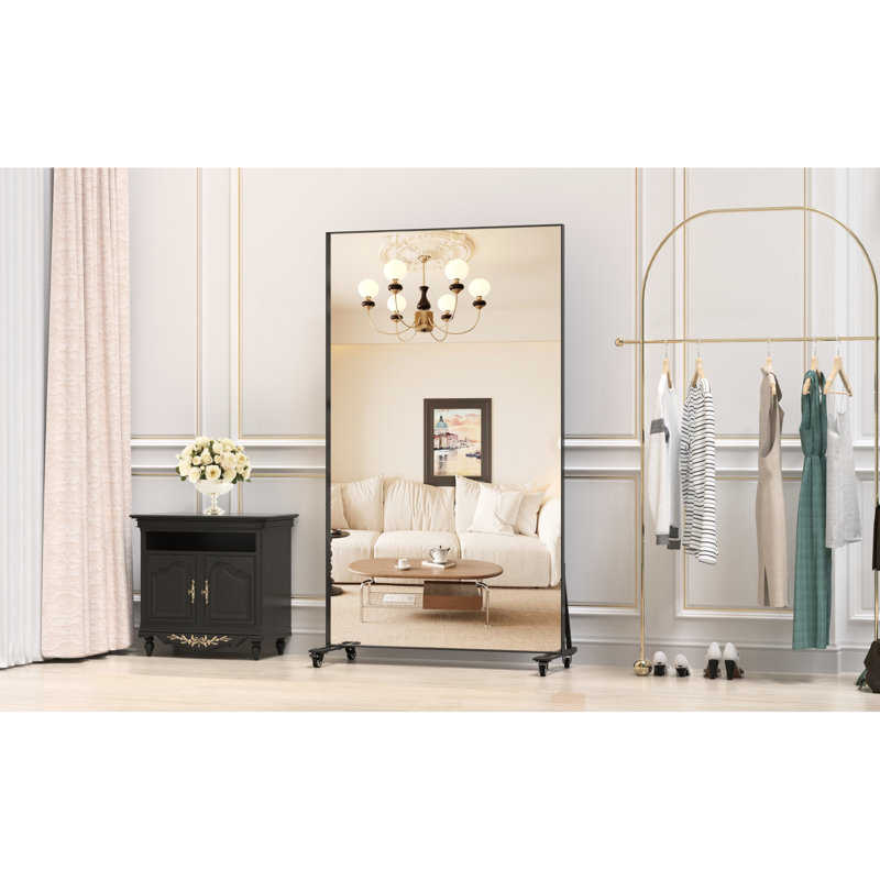 67X40 Inch Square Hanging Mirror, Metal Frame, Wheels, Black Color, Ideal For Bedroom And Living Areas Oversized Floor Mirror With Frame Multiple Rooms