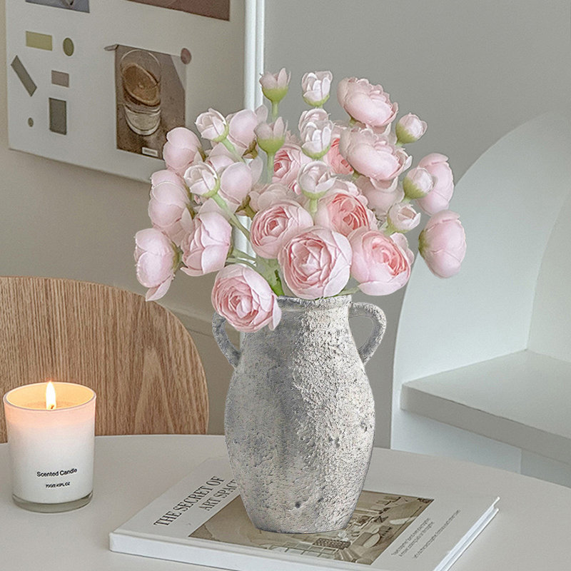 Farmhouse Flower Vase With 2 Handles,Decorative Ceramic Flower Vase For Home Decor, Gray