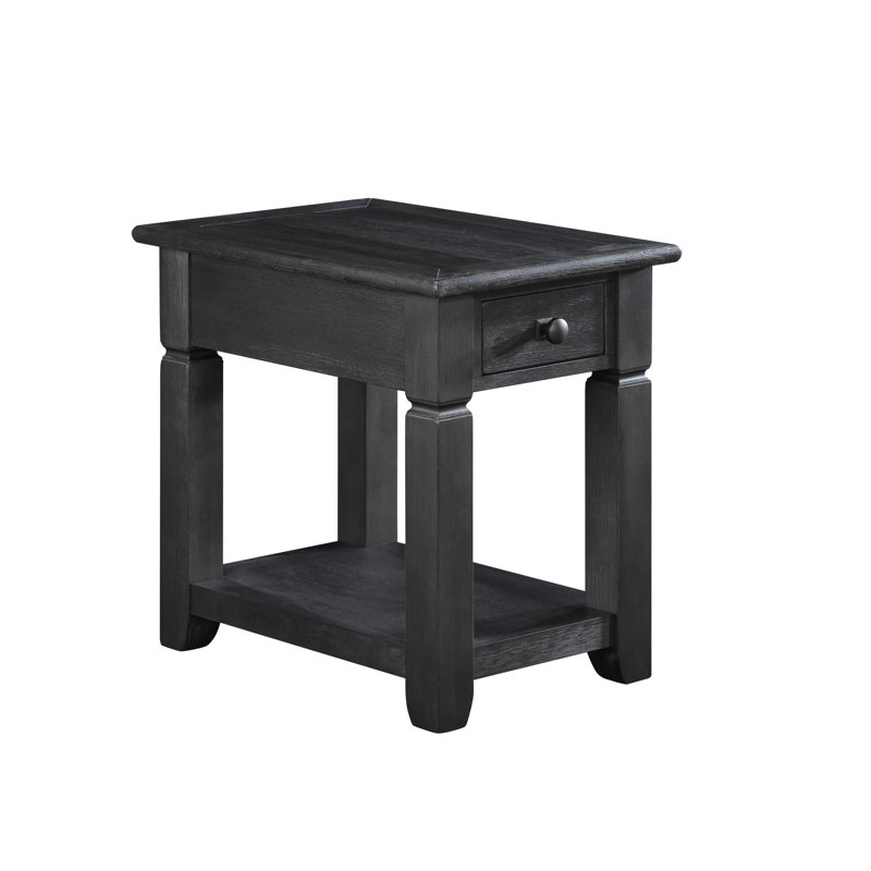 Solid Wood End Table With Drawer And USB, Black Top/Black Base