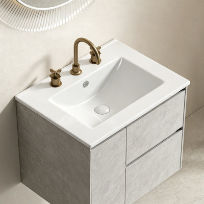 24 Inch Bathroom Vessel Sink, Ceramic Bathroom Vanity Sink Top No Drain Convenient For Storing Personal Items - Glossy White-3 Holes