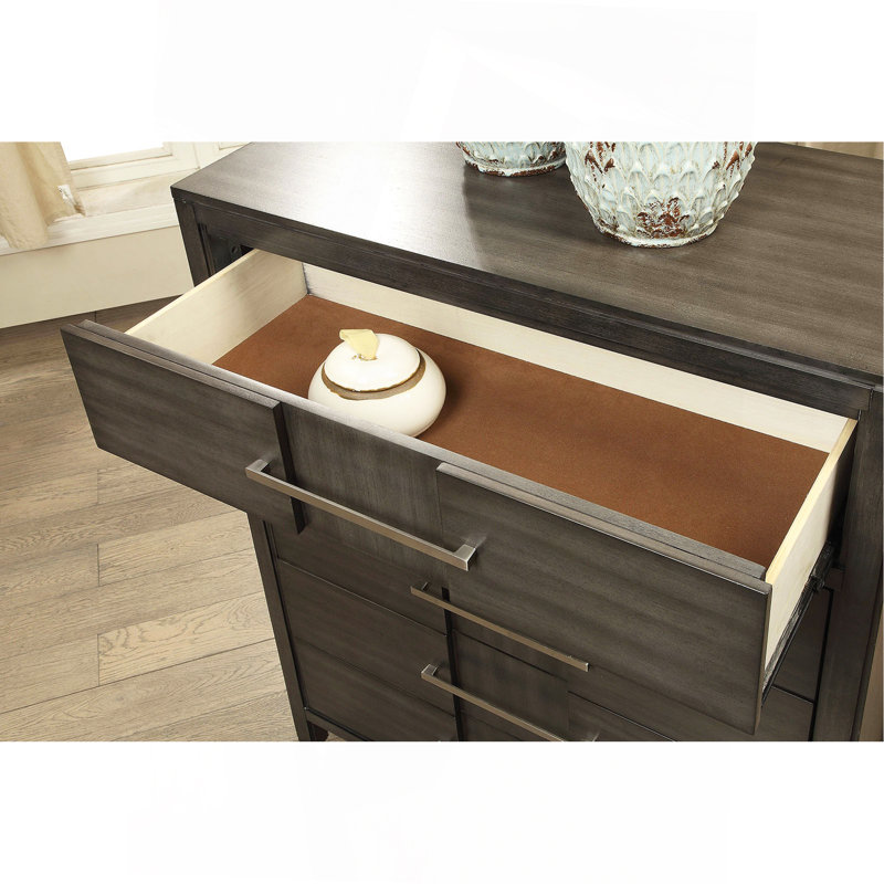 Commode de style transitionnel 1 pièce à queue d'aronde anglaise à 5 tiroirs avec roulement à billes et tiroir gris