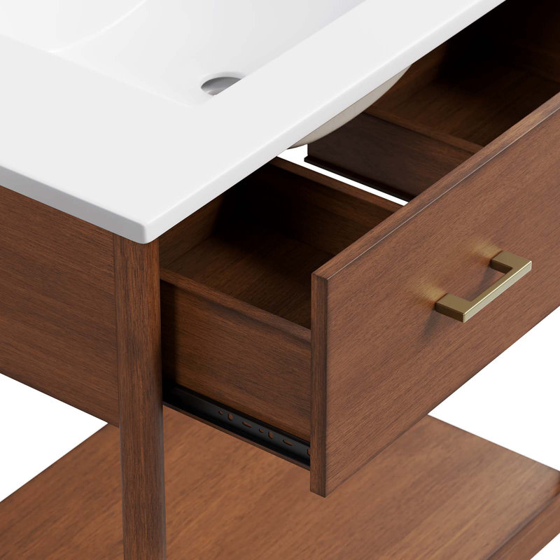 Modway Zaire 30'' Single Bathroom Vanity with Ceramic Top, Walnut, White